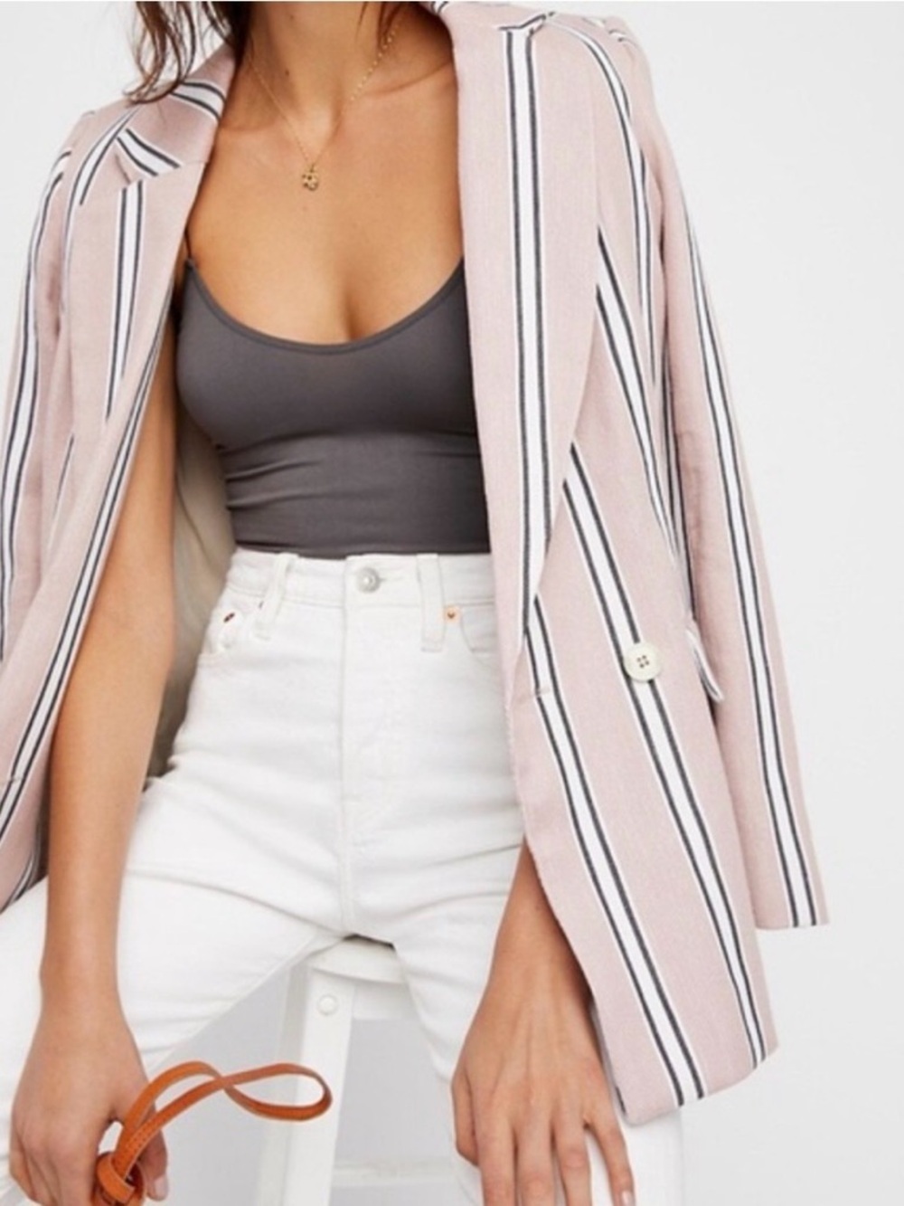 Free People Uptown Girl Pink and Black Striped Blazer
